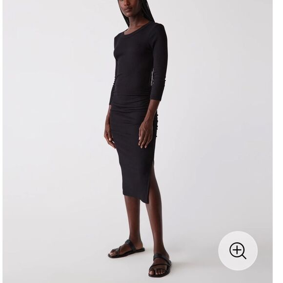 Nwt michael stars Christina Ribbed Midi Dress black quarter sleeve ruched - Picture 2 of 7